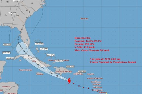 Estado Mayor Nacional de la Defensa Civil de Cuba - Nota No. 2 - A partir de las ocho horas, la Fase de Alerta ciclónica por el huracán Elsa para las provincias de Guantánamo, Santiago de Cuba, Granma, Holguín, Las Tunas, Camagüey y Ciego de Ávila, y Fase